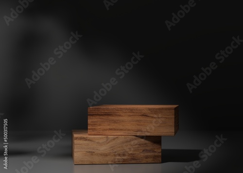 Fototapeta Naklejka Na Ścianę i Meble -  Modern wood pedestal or podium for product showcase. Boxe shape pedestal. Dark Blue background. Empty stage. Leaf shadow. 3d render illustration