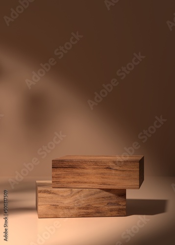 Fototapeta Naklejka Na Ścianę i Meble -  Modern wood pedestal or podium for product showcase. Boxe shape pedestal. Beige background. Empty stage. Leaf shadow. 3d render illustration