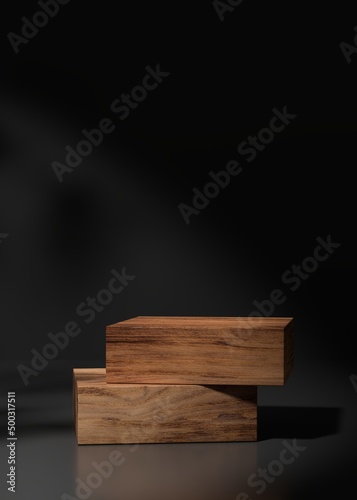 Fototapeta Naklejka Na Ścianę i Meble -  Minimal box wood pedestal or podium for product showcase. Cosmetic stand pedestal. Black background. Leaf shadows. Empty stage. 3d render illustration