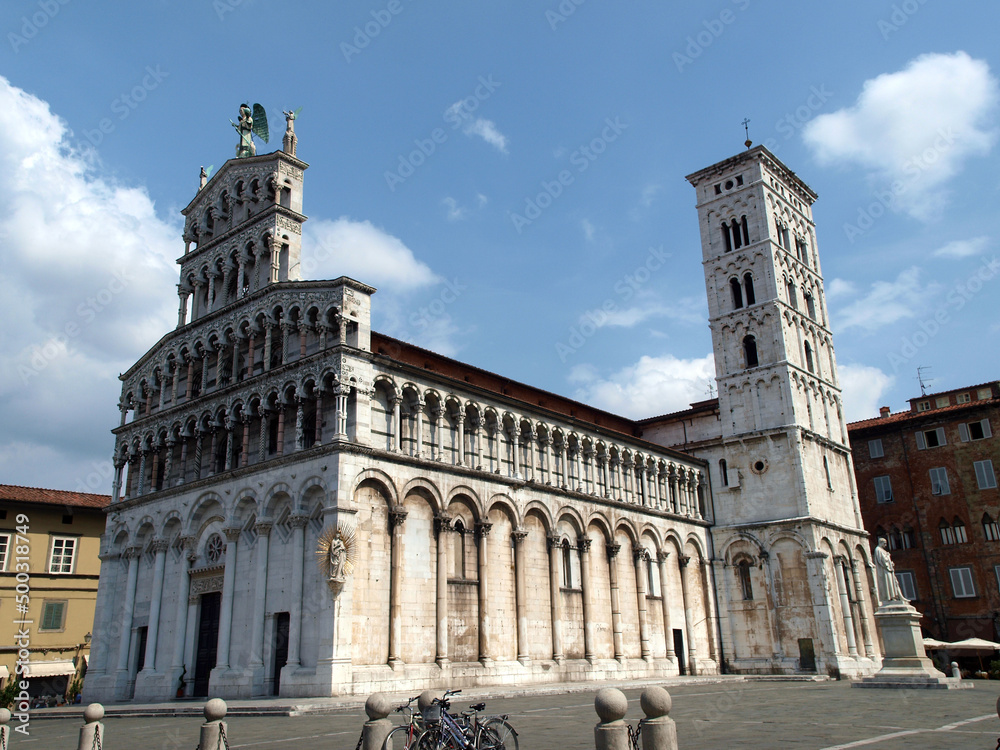 San Michele in Foro church - Lucca , Tuscany. San Michele in Foro is a Roman Catholic basilica church in Lucca. It was built over the former Roman forum. It is dedicated to Archangel Michael. San Michele in Foro church - Lucca , Tuscany. San Michele in Foro is a Roman Catholic basilica church in Lucca. It was built over the former Roman forum. It is dedicated to Archangel Michael.