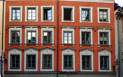 Red facade of an old building