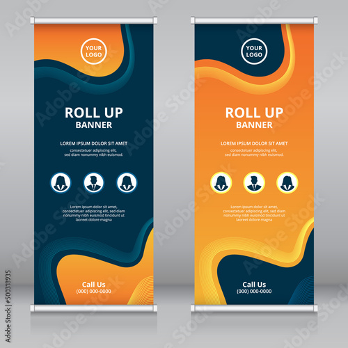Modern and colorful fluid style abstract roll up banner template. Also suitable for standee or x-banner, flag banner, vertical signboard, vertical billboard, brochure or flyer