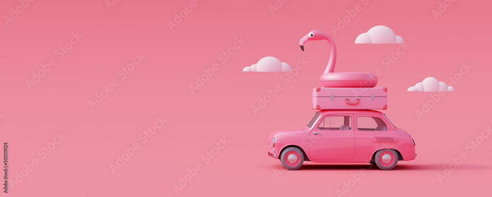 Car with luggage and flamingo on pastel pink background. Creative summer concept 3D Render 3D illustration - obrazy, fototapety, plakaty 