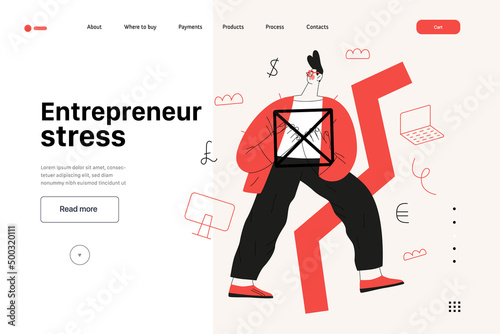 Startup illustration, website landing template Flat line vector modern concept illustration, startup metaphor. Concept of building new business, strategy, company processes. Entrepreneur stress