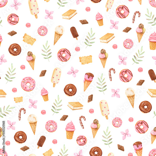 Seamless cute pattern with different ice creams, sweets, donuts with icing and sprinkles, twigs and flowers, made in delicate pastel colors in watercolor