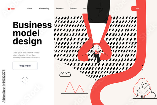 Startup illustration, website landing template Flat line vector modern concept illustration, startup metaphor. Concept of building new business, strategy, company processes. Business model design