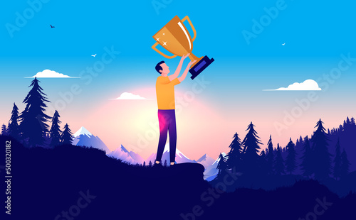 Man with trophy cup - Business person in casual clothes standing in landscape holding award over head. Achievement and winning concept, vector illustration