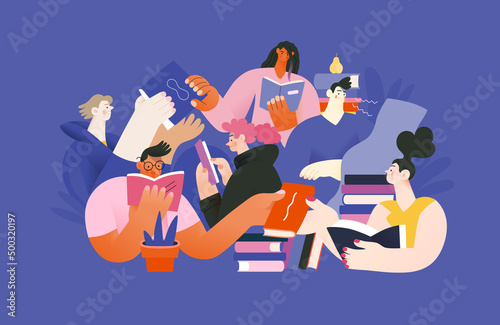 Books graphics -book week events. Modern flat vector concept illustrations of reading people - a group of men and women reading and sharing books and e-books on tablets sitting surrounded by plants