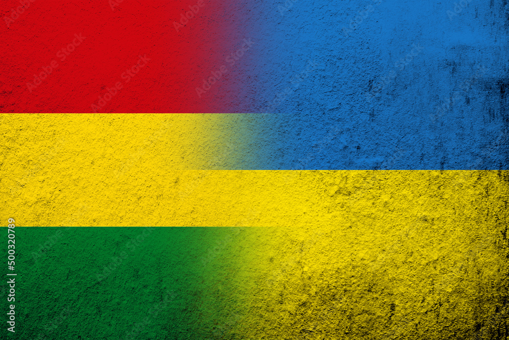 Plurinational State of Bolivia National flag with National flag of Ukraine. Grunge background Plurinational State of Bolivia National flag with National flag of Ukraine. Grunge background