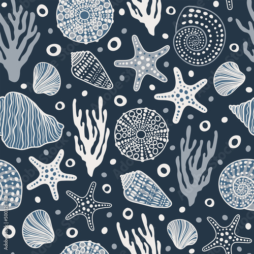 Sea bottom seamless pattern.Summer beach hand-drawn seaside vector print.Undersea world cartoon background with sea urchin, starfish, shell, coral. Seashore elements design for fabrics, wallpaper