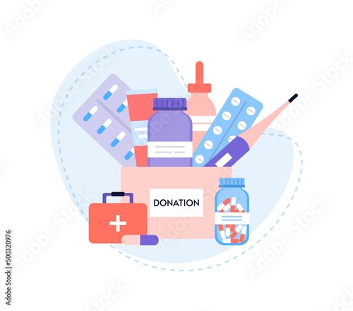 Box with different medicines. Charity, medicines donation for needy and poor people. Medicines delivery. Concept voluntary social assistance and support. Volunteer help. Flat vector illustration.