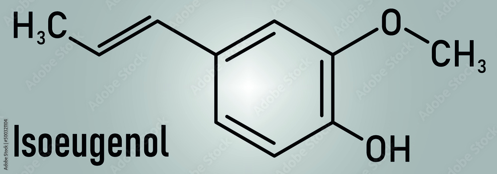 Isoeugenol fragrance molecule, skeletal chemical formula. Isoeugenol fragrance molecule, skeletal chemical formula.