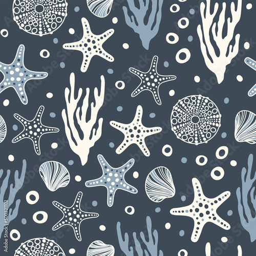 Sea bottom seamless pattern.Summer beach hand-drawn seaside vector print.Undersea world cartoon background with sea urchin, starfish, shell, coral. Seashore elements design for fabrics, wallpaper