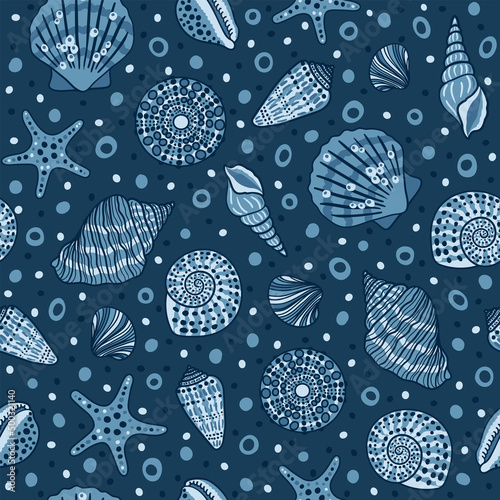 Sea bottom seamless pattern.Summer beach hand-drawn seaside vector print.Undersea world cartoon background with sea urchin, starfish, shell, coral. Seashore elements design for fabrics, wallpaper