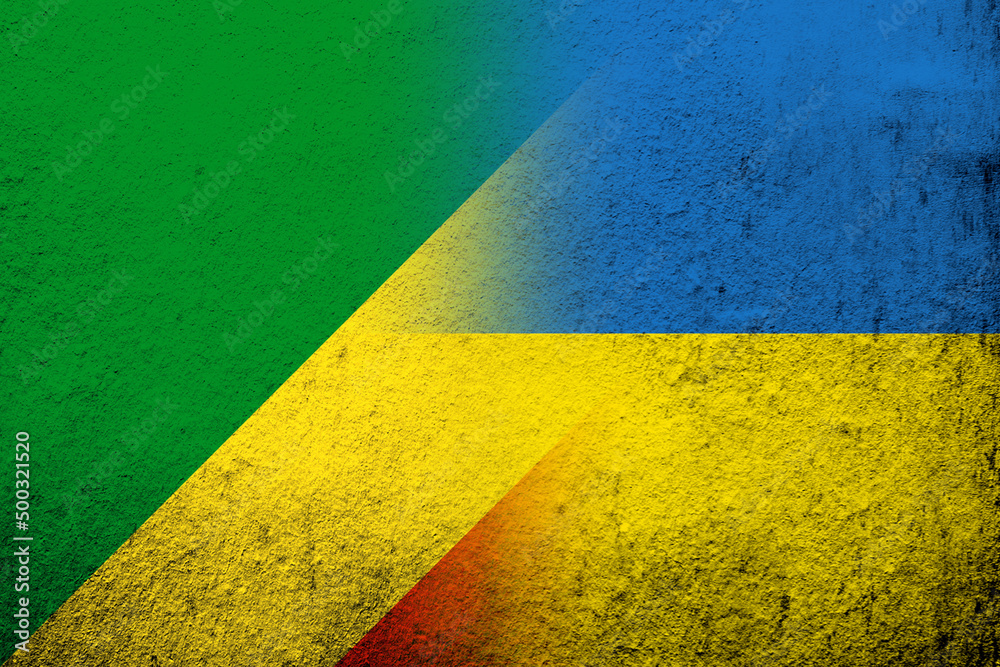The Republic of the Congo National flag with National flag of Ukraine. Grunge background The Republic of the Congo National flag with National flag of Ukraine. Grunge background