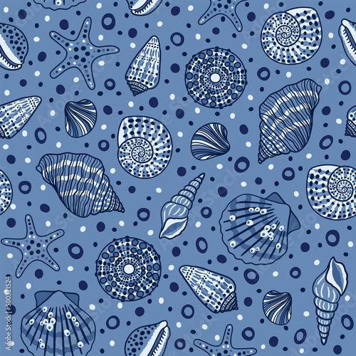 Sea bottom seamless pattern.Summer beach hand-drawn seaside vector print.Undersea world cartoon background with sea urchin, starfish, shell, coral. Seashore elements design for fabrics, wallpaper