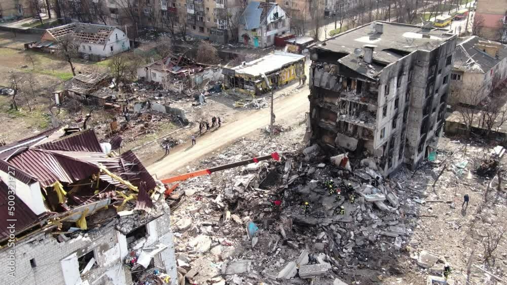 Rescue work in a destroyed house. The war in Ukraine. Bucha, Borodyanka, Gostomel, Irpin.