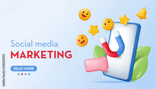 Social media Marketing concept. Emoji icons, magnet in phone. 3D vector illustration in cartoon minimal style