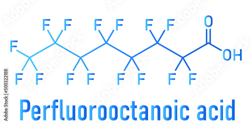 Perfluorooctanoic acid or PFOA, perfluorooctanoate, carcinogenic pollutant molecule, skeletal chemical formula.
