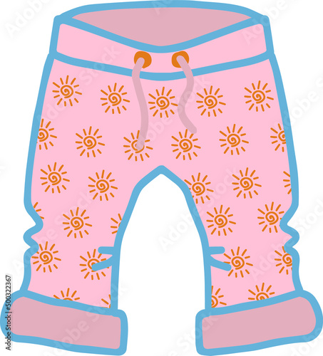 pink baby pants summer clothes with drawstring lacing at the waist and suns for newborn baby girl child isolated vector hand drawing with folds