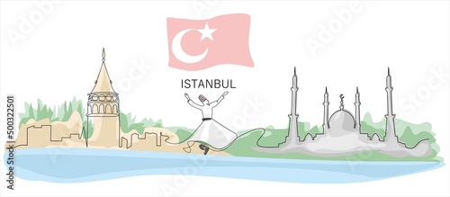 One line style Galata Tower,sufi dancer and masjid or mosque. Simple modern minimaistic style vector.