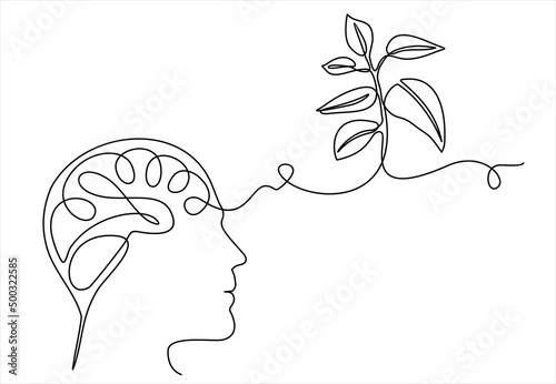 Plant leaves seed grow in brain concept. Continuous one line drawing of human head with a plant inside. Think green.