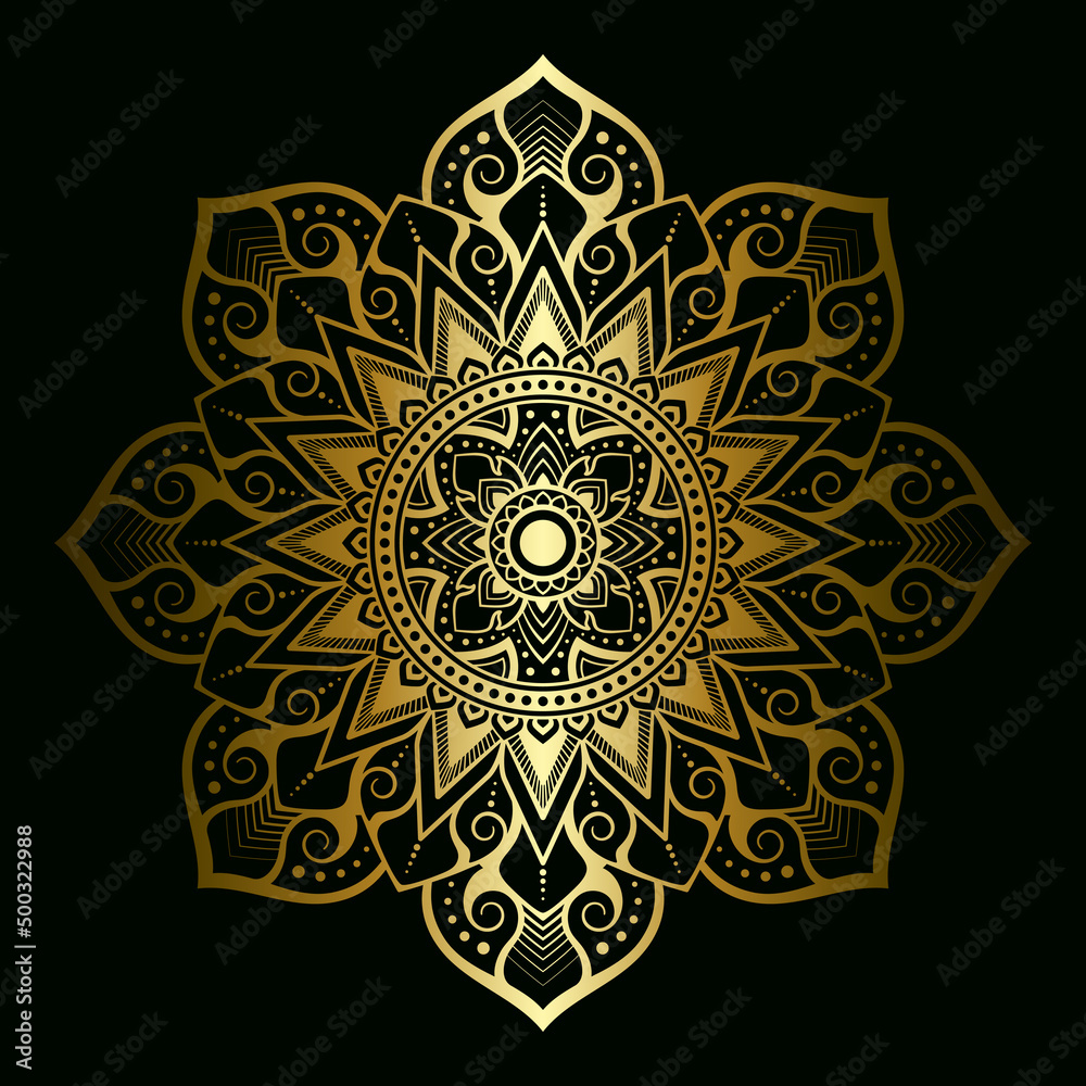 Mandala pattern applied in Thai art style with golden gradient. Dark black background. Vector illustration. Mandala pattern applied in Thai art style with golden gradient. Dark black background. Vector illustration.