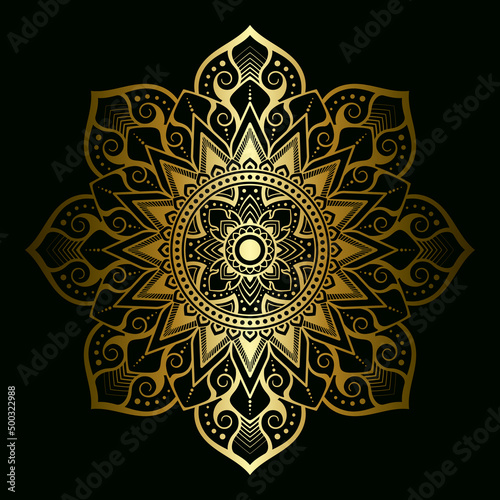 Mandala pattern applied in Thai art style with golden gradient. Dark black background. Vector illustration.