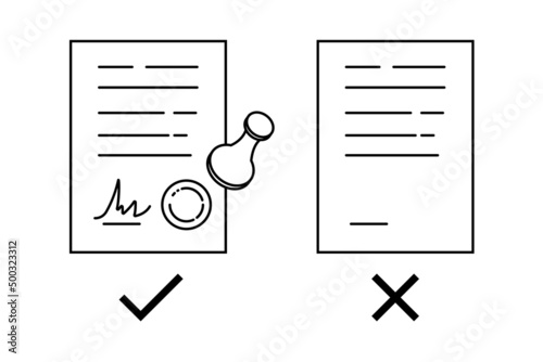 Illustration on the subject of the business of finance and documents. Icon of the Right document with signature and seal and the wrong doc. Vector graphics