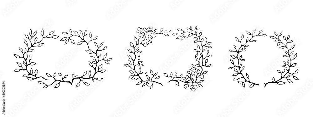 A set of frames made of branches and leaves with flowers for cards, labels and invitations. Creative beautiful frames for design. Isolated vector illustration on white background