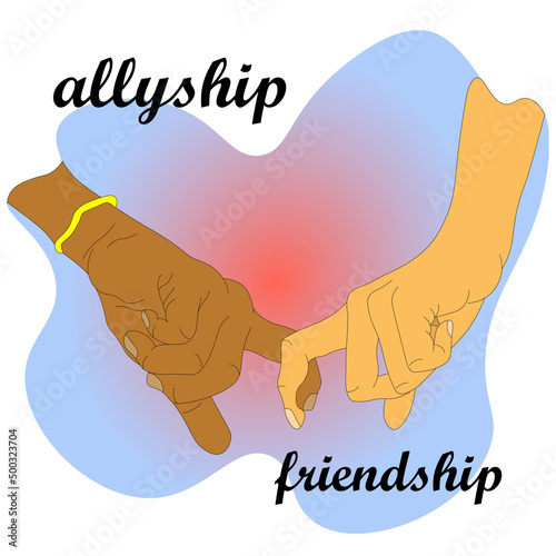 friendly hand holds other hand with fingers, provides support. allyship, friendship, teamwork, concept vector. People with different cultures, ethnic background need help, racial equality. refugee day