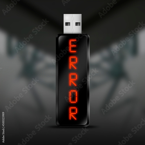 Black usb stick mockup. Error message alert. System error icon failure.