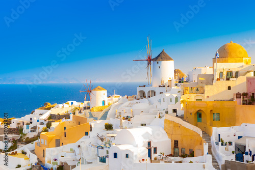 Panoramic view of Oia village at Santorini island, Greece