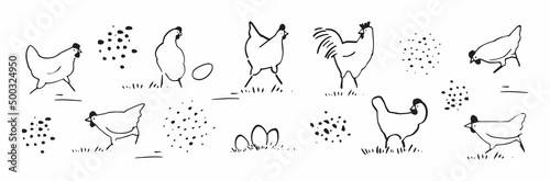 Canvastavla Set of cute chicken hen doodle drawing for yours coloring and print
