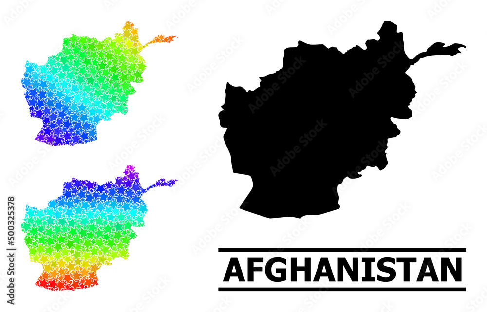 Spectrum gradiented star mosaic map of Afghanistan. Vector colored map of Afghanistan with spectral gradients. Mosaic map of Afghanistan collage is formed with chaotic colored star items.