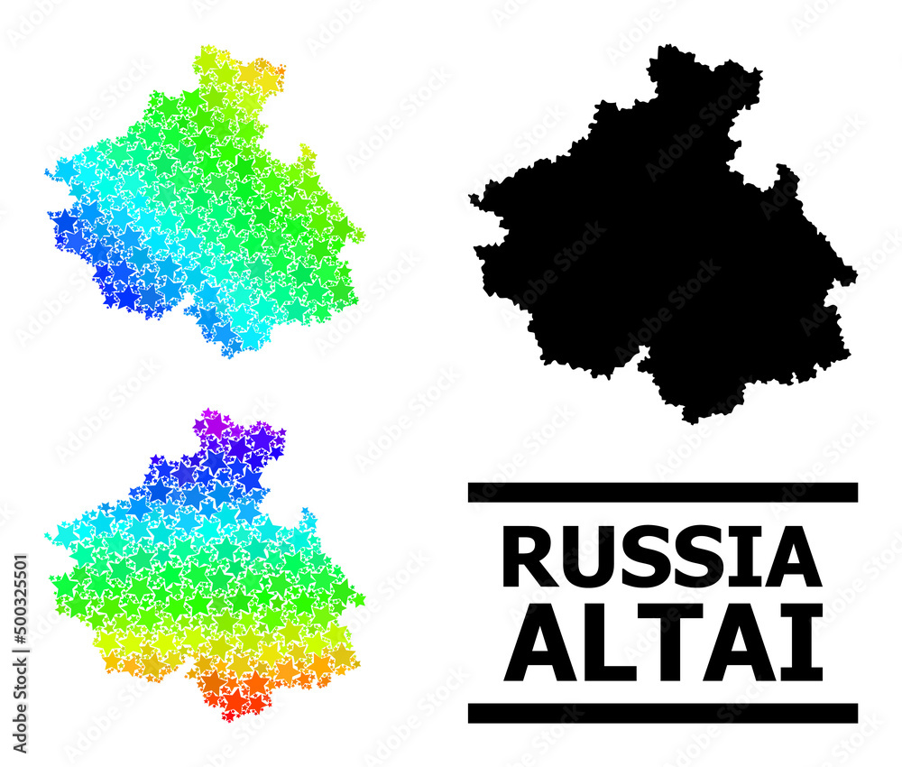 Rainbow gradiented star collage map of Altai Republic. Vector colorful map of Altai Republic with rainbow gradients.