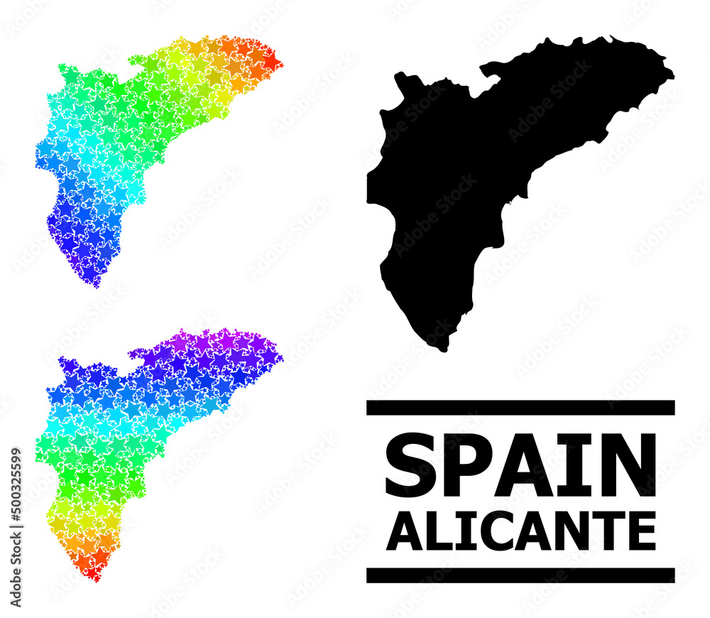Spectral gradient star mosaic map of Alicante Province. Vector vibrant map of Alicante Province with spectral gradients.