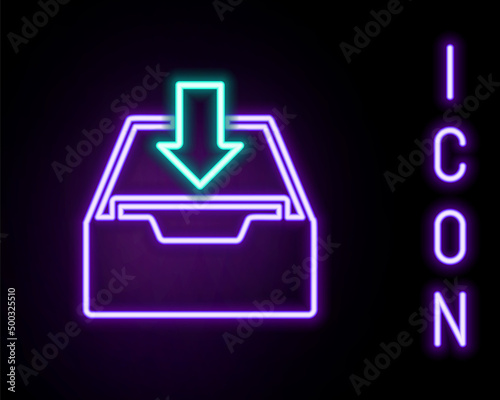 Glowing neon line Download inbox icon isolated on black background. Add to archive. Colorful outline concept. Vector