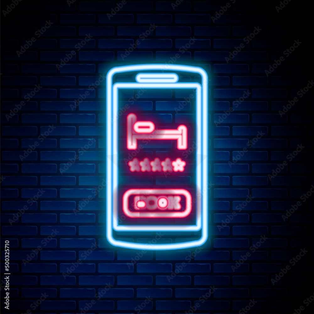Glowing neon line Online hotel booking icon isolated on brick wall background. Online booking design concept for mobile phone. Colorful outline concept. Vector Glowing neon line Online hotel booking icon isolated on brick wall background. Online booking design concept for mobile phone. Colorful outline concept. Vector