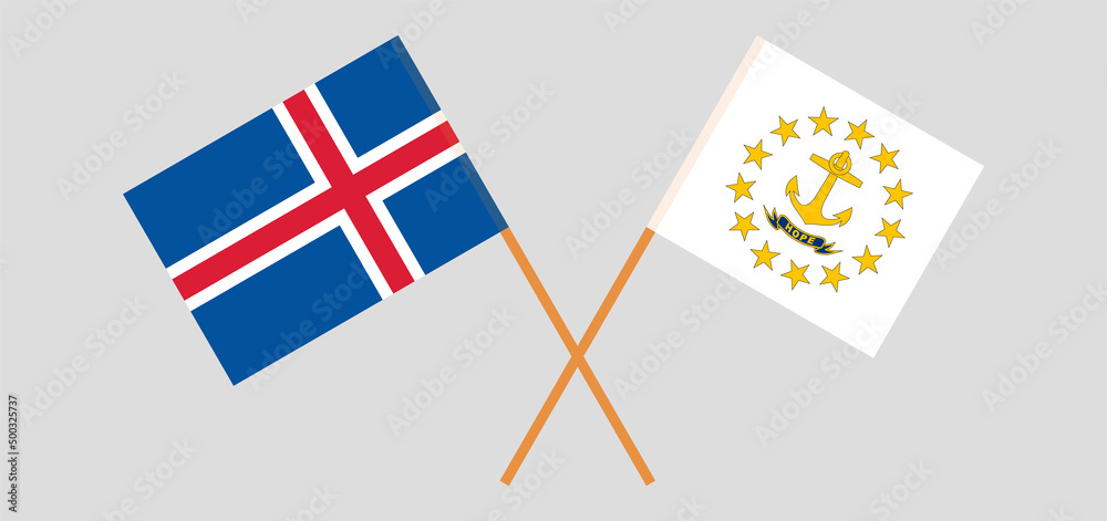 Crossed flags of Iceland and the State of Rhode Island. Official colors. Correct proportion