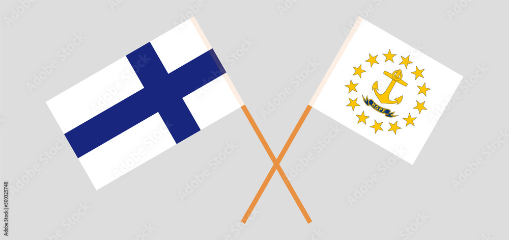 Crossed flags of Finland and the State of Rhode Island. Official colors. Correct proportion