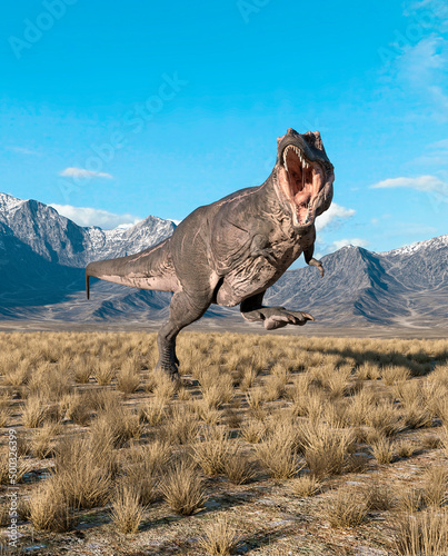 tyrannosaurus rex is running in plains and mountains © DM7