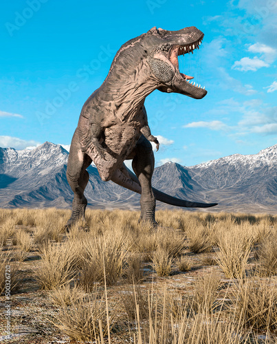 tyrannosaurus rex is angy in plains and mountains © DM7