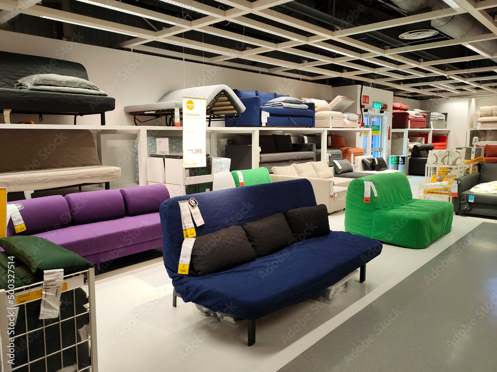 SELANGOR, MALAYSIA - JULY 4, 2022: Sofa furniture and chairs in the IKEA  showroom in Malaysia. The