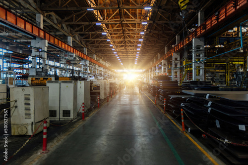 Metalworking factory production line. Interior of the worksop