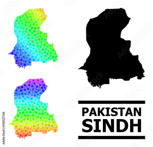 Spectral gradient star collage map of Sindh Province. Vector vibrant map of Sindh Province with spectral gradients. Mosaic map of Sindh Province collage is created with randomized colorful star items.