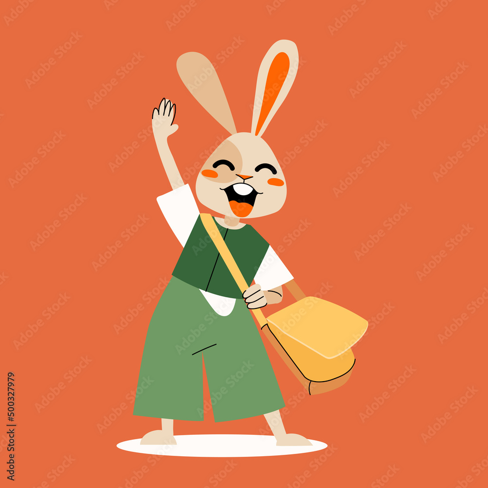 Bunny boy with bag. Cute rabbit character isolated on red background. Vector cartoon illustration Bunny boy with bag. Cute rabbit character isolated on red background. Vector cartoon illustration