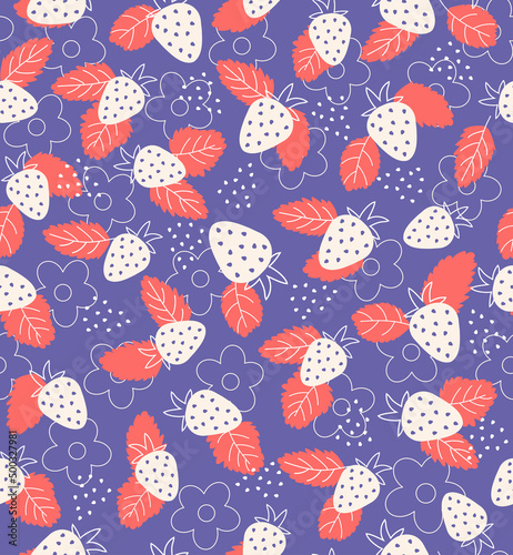 Strawberry vector seamless pattern on very peri background. Print design summer background for design, fabric, wrapping, wallpaper, textile, apparel