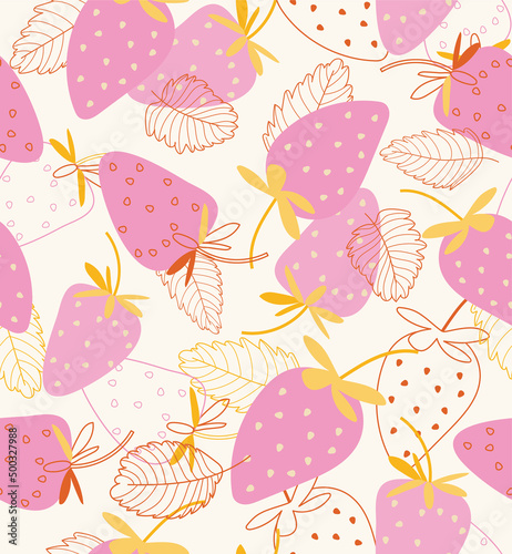 Pink strawberry abstract seamless vector pattern on beige background for typography, textiles or packaging design
