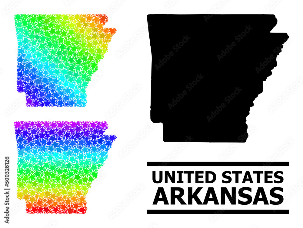 Spectrum gradient star collage map of Arkansas State. Vector colored